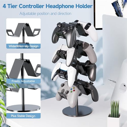 Controller Holder 4 Tier,Headphone Stand for Xbox PS5 PS4 | Classical "W" shape,Adjustable,Gamepads and headset storage,For Gamer,Black,Stable,Gaming gift