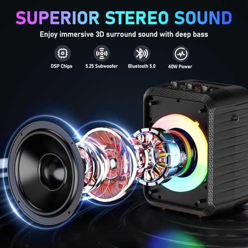 JYX Karaoke Machine, Portable Bluetooth Speaker with 2 Wireless Microphones, RGB Lights, Echo, 40W 5.25" Woofer, Rechargeable, AUX/USB/TF, Mic In, for Adults & Kids, Home Party & Outdoor&Church(Black) - color: Glossy Black
