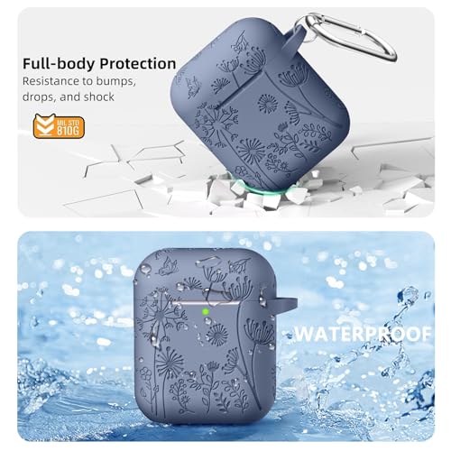 Lerobo for AirPod Case 2nd/1st Generation with Keychain for Women Girl | Flower Engraved Soft Silicone Shockproof Cover for AirPods 2 Case, Wireless Charging, Scratchproof, One-piece Design - color: Blue Gray