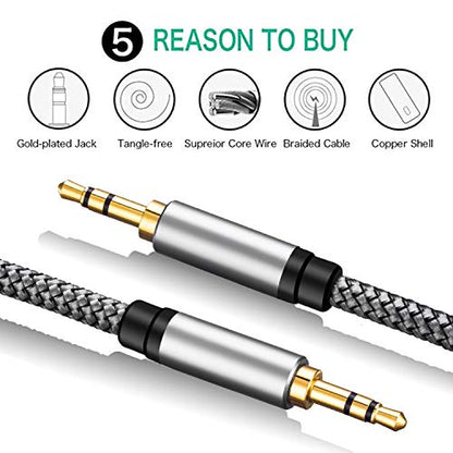 Tan QY 3.5mm Nylon Braided Aux Cable 1.5Ft, Audio Auxiliary Input Adapter Male to Male Cord for Headphones, Car, Home Stereos, Speaker, iPhone, iPad, iPod & More(1.5Ft/0.5M,Silver) - size: 1.5Ft/0.5M