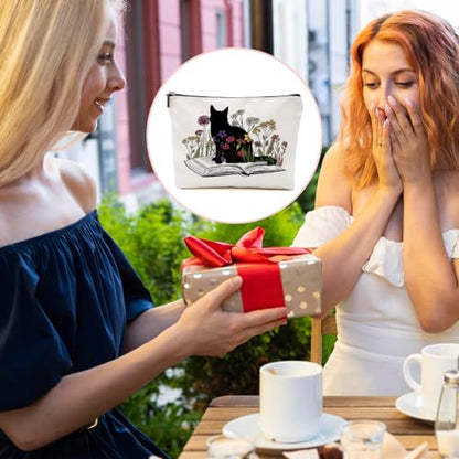 Cat Gifts for Women Cosmetic Bag Book Lovers Gifts Cat Makeup Bag | Gifts for Women Cat Owner, Cat Mom Gifts Floral Cosmetic Bag, Book Gifts Toiletry Bag Christmas Thanksgiving Birthday Gifts - color: Book Flower Cat