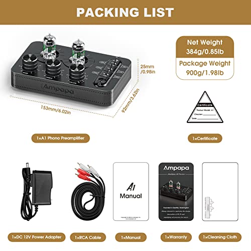 A1 Vacuum Tube Phono Preamp, Headphone Amp, Hi-Fi Audiophile Preamplifier for MM Turntable Record Player with Tone Control for Home Stereo Audio System