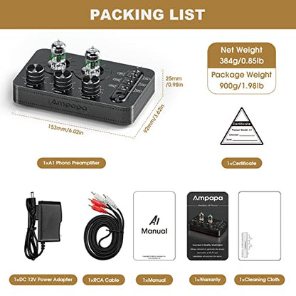 A1 Vacuum Tube Phono Preamp, Headphone Amp, Hi-Fi Audiophile Preamplifier for MM Turntable Record Player with Tone Control for Home Stereo Audio System