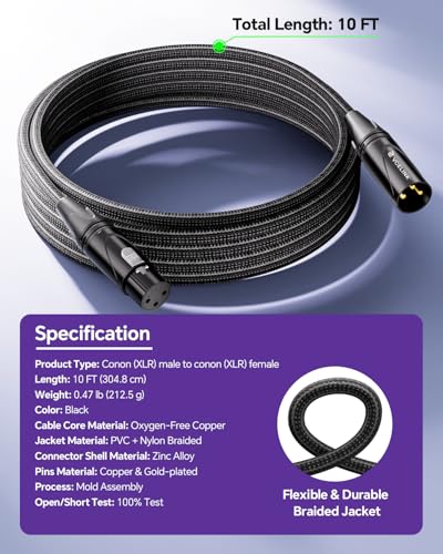 VCELINK XLR Cables 10ft 2 Packs, Male to Female XLR Microphone Cable | Gold-Plated 3-Pins Balanced Shieled Speaker Cable, AL & OFC Dual Shielded Balanced Mic Cord - style: 10 Feet
