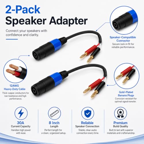 Banana Plug to Speakon Cable 8 Inch 2-Pack, 12AWG 30A Gold-Plated NL4FX Twist-Lock, Short Amp Rack Speaker Wire for QSC Crown JBL Yamaha DJ PA System
