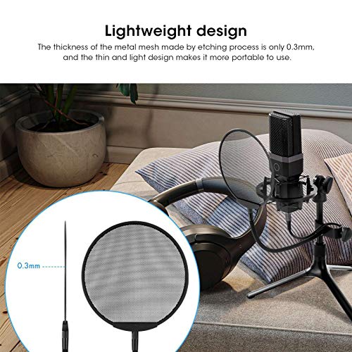 Microphone Filter, Microphone Wind Screen, Adjustable 5 Microphone Filter, Gooseneck Clip Steel Mic Mesh (All Black)