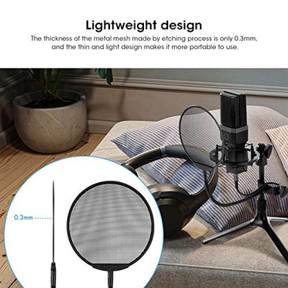 Microphone Filter, Microphone Wind Screen, Adjustable 5 Microphone Filter, Gooseneck Clip Steel Mic Mesh (All Black)
