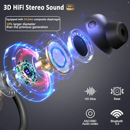 Wireless Earbuds Sport, Bluetooth 5.4 Headphones 3D Bass Hi-Fi Stereo Over Ear Buds, 60Hrs ENC Noise Cancelling Headset with Earhook, IP-X7 Waterproof Earphones Workout Running Gym for Android iOS - color: A-Bright Black