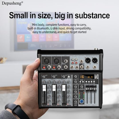 Depusheng Professional Audio Mixer, 4 Channel Audio Interface Sound Board Mixing Console System, 16-Bit DSP DJ Bluetooth Mixer +48V Phantom Effect For Karaoke Studio Streaming Recording (XT4)