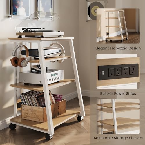 4-Tier Stereo Stand, AV Media Stand Cabinet Console Shelf with Power Strips and 2 Hooks, Audio-Video Rack Game Console Stand Media Organizer (Maple)