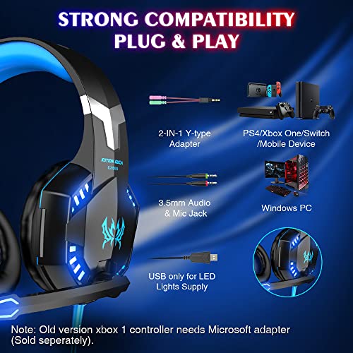 VersionTECH. G2000 Gaming Headset, Bass Surround Gaming Headphones with Noise Cancelling Mic, LED Lights, Soft Memory Earmuffs for PS5/ PS4/ Xbox One Controller/Laptop/PC/Mac/Nintendo NES Games-Blue - color: Blue