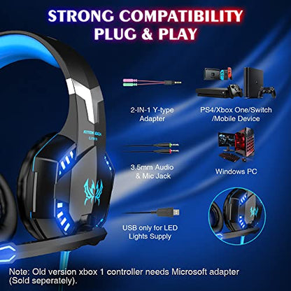 VersionTECH. G2000 Gaming Headset, Bass Surround Gaming Headphones with Noise Cancelling Mic, LED Lights, Soft Memory Earmuffs for PS5/ PS4/ Xbox One Controller/Laptop/PC/Mac/Nintendo NES Games-Blue - color: Blue