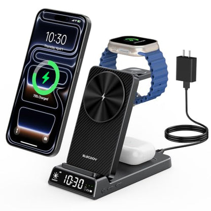 3 in 1 Charging Station for Apple, Travel Wireless Charger with Clock | ELECDOV Magnetic Charger for iPhone, Foldable Watch Charger Stand for iPhone 17/Air/16/15 Series, iWatch 10/AirPods 4 - color: Carbon Fiber