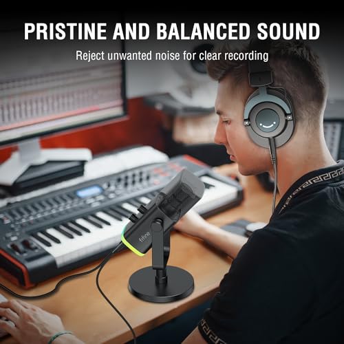 FIFINE XLR/USB Microphone and Studio Monitor Headphones Set, Computer Recording Mic with Mute Button, RGB, Over Ear Wired Headset Pack for YouTube Podcasting Streaming Gaming (AM8+H8)