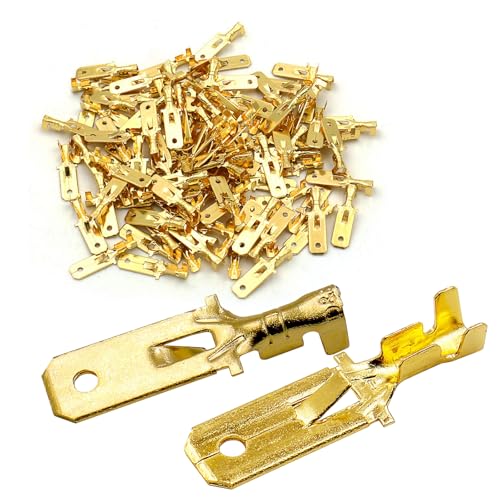 BAOMAIN 100-Pack 6.3mm 1/4" Male Spade Connector Non-Insulated Terminals | Copper 1/4" Non-Insulated Male Connectors with Locking Tab for 18-16 AWG Wire,Ideal for Automotive & DIY Projects