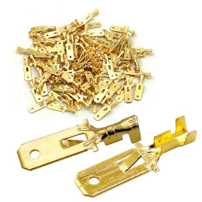 BAOMAIN 100-Pack 6.3mm 1/4" Male Spade Connector Non-Insulated Terminals | Copper 1/4" Non-Insulated Male Connectors with Locking Tab for 18-16 AWG Wire,Ideal for Automotive & DIY Projects