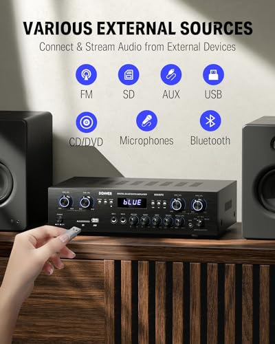 Donner Bluetooth 5.0 Stereo Audio Amplifier Receiver, 4 Channel 440W Peak Power Home Theater Stereo Receiver with USB, SD, FM, 2 Mic in Echo, RCA, LED, Speaker Selector for Studio, Home - MAMP5 - size: 440W