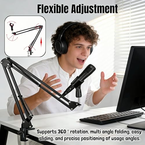 Microphone Boom Arm Stand, Adjustable Desk Mount Scissor Arm with 360° Rotation, Heavy Duty Metal, for Podcast, Recording, Streaming, Gaming, Voice-Over, Studio, Home Office – Black