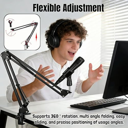 Microphone Boom Arm Stand, Adjustable Desk Mount Scissor Arm with 360° Rotation, Heavy Duty Metal, for Podcast, Recording, Streaming, Gaming, Voice-Over, Studio, Home Office – Black