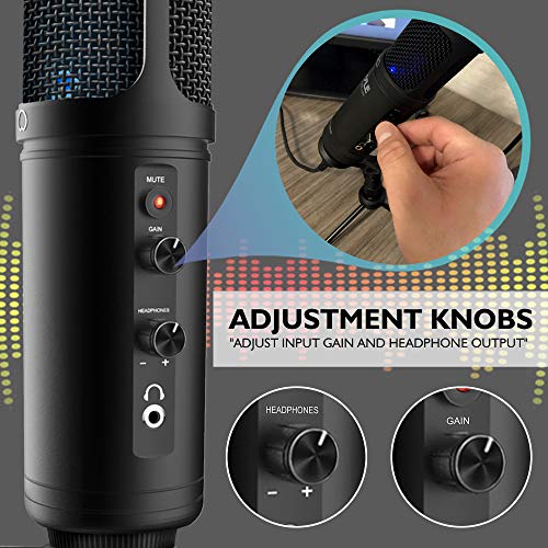 JOVIAL USB PC Recording Condenser Microphone - Blue LED, Adjustable Gain, Headphone Jack, Mute Control, Tripod Stand - Portable Pro Audio Condenser Desk Mic for Podcast Streaming Gaming