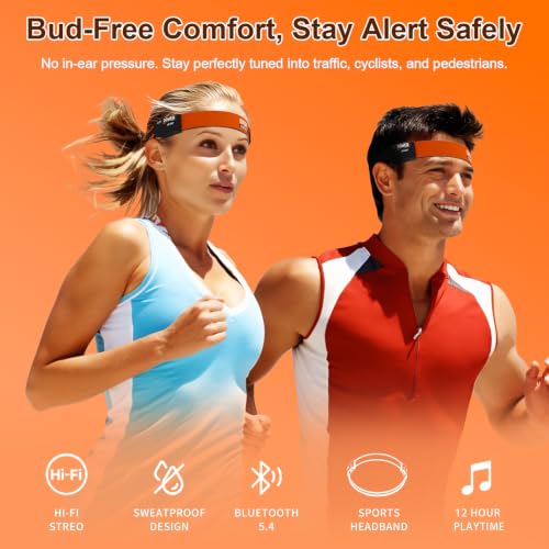 Headband Headphones & Open-Ear Headband with HD External Speakers, Bluetooth Sport Headphones for Running, Walking, Fitness, Breathable Sweat-Wicking Band with LED Headlamp, 12H Playtime, Orange