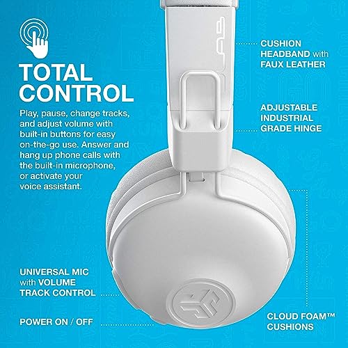 JLab Studio Wireless On-Ear Headphones, White, 30+ Hour Bluetooth 5 Playtime, EQ3 Sound, Ultra-Plush Faux Leather & Cloud Foam Cushions, Track and Volume Controls