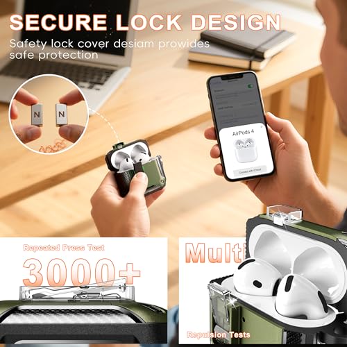 for AirPods 4 Case with Lock Magnetic Lid MagSafe, Military Green | Compatible with Apple AirPods 4th Generation Protective Case with Cleaner Kit & Carabiner, Powerful Drop Protection - color: FK-Military Green, size: Airpods 4th Generation