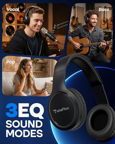 TuneFlux Bluetooth Headphones,70H Playtime Bluetooth 6.0 Wireless Headphones,3 EQ Music Modes Foldable Lightweight Over Ear Headset with Clear Call,HiFi Deep Bass for Home Office Travel (Black) - color: Black