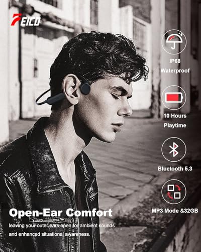 FEICO Bone Conduction Headphones, Bluetooth 5.3 Open-Ear Headphones with Mic | MP3 Mode Built-in 32GB & 10Hrs Playtime, IP68 Waterproof Bone Conduction for Running, Cycling, Swiming (Black) - color: BLACK