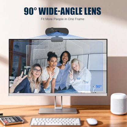 1080P 30FPS Webcam for PC, Auto Light Correction, Fixed Focus | Built-in Mic, Privacy Cover, 90° Wide-Angle Lens, A-to-C Adapter, Plug&Play for Zoom, Microsoft Teams, Video Conferencing