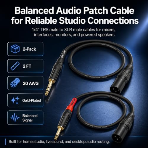 Sam&Johnny 1/4 TRS to XLR Male Cable 2-Pack, Balanced, 2ft | 20AWG Gold-Plated OFC Connectors | For Studio Monitor, Microphone, Karaoke, Amplifier, Guitar | Noise-Free Balanced Signal