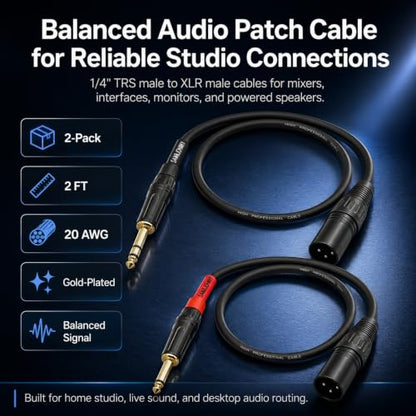 Sam&Johnny 1/4 TRS to XLR Male Cable 2-Pack, Balanced, 2ft | 20AWG Gold-Plated OFC Connectors | For Studio Monitor, Microphone, Karaoke, Amplifier, Guitar | Noise-Free Balanced Signal