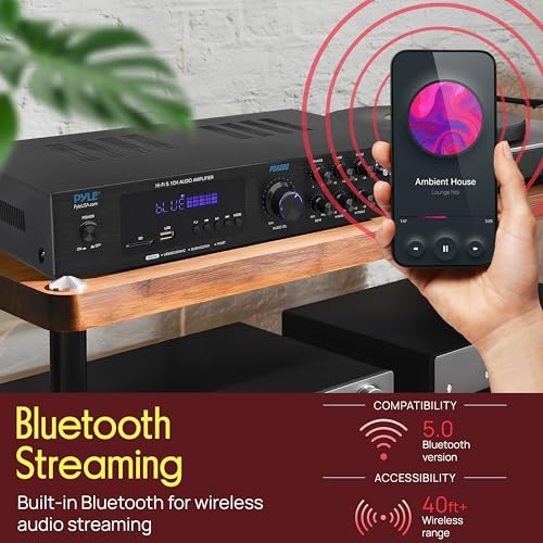Pyle Bluetooth 5.1 Channel Home Entertainment Amplifier - Subwoofer Out - Easy Karaoke with Dual Mic Inputs w/ Echo, USB-A / SD Reader with MP3 Player, RCA In and Line out - PDA8BU