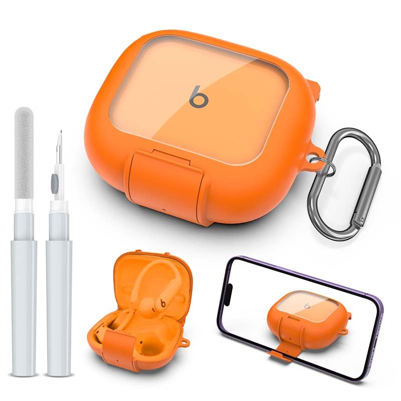 Secure Lock Case for Powerbeats Pro 2 with Phone Stand, LAKSDIURT Shockpoof Protection Cover Compatible with Beats Powerbeats Pro 2 Earbuds Clear Power Pro2 Case with Cleaner Kit & Keychain (Orange) - color: Orange