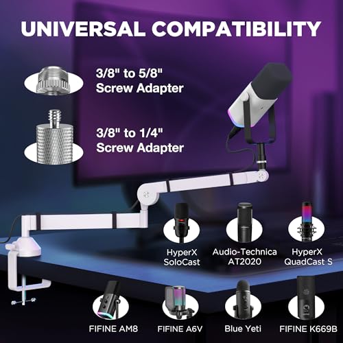 InnoGear Mic Arm Low Profile Microphone Boom Arm Mic Stand 360° Flex, White | Vibration Resistant, 3.3 lbs Weight Capacity, Extendable up to 25.6", Multiple Adapters, for Desk Thickness Within 2.75" - color: White, style: Low-profile A