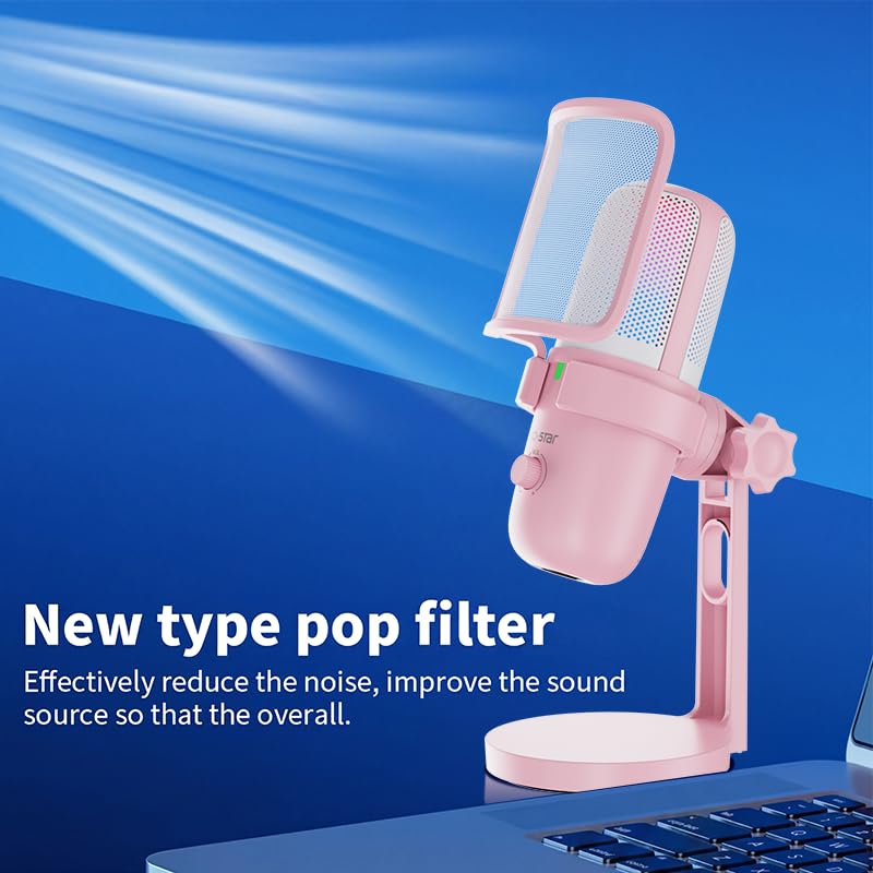 Pink USB Condenser Microphone for Gaming, PC Mic with 2 Pickup Patterns, RGB Light, Tap-to-Mute, 96KHz/24Bit for Streaming Podcast YouTube Recording, Plug & Play for PS4 PS5 Computer Accessories