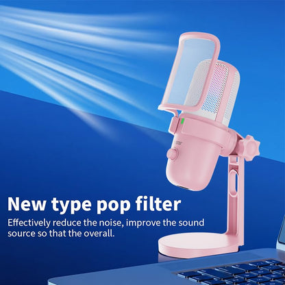 Pink USB Condenser Microphone for Gaming, PC Mic with 2 Pickup Patterns, RGB Light, Tap-to-Mute, 96KHz/24Bit for Streaming Podcast YouTube Recording, Plug & Play for PS4 PS5 Computer Accessories