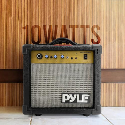 Pyle Portable Mini Electric Guitar Amp - 10 Watt Practice Instrument Amplifier w/ 5" Loudspeaker, Volume,Bass, Treble, Distortion,Gain Controls, Headphone Output,Carry Handle,Leather/Wood Construction