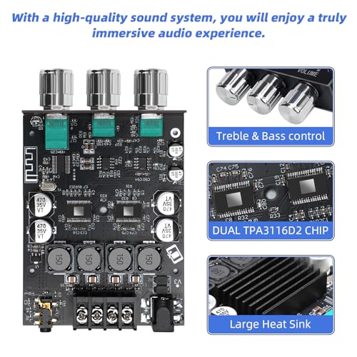 ZK-1002T Bluetooth 5.0 Stereo Amplifier Board, 200W HiFi 2.0 Channel Mini Audio Amp Module with Treble & Bass Control, AUX Input, DC 12V-24V for DIY Speakers,Home Audio - color: ZK-1002T