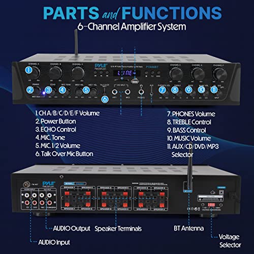 Pyle Bluetooth Home Audio Amplifier - 6 Channel Stereo Receiver Amp, 600 Watt Power, Commercial or Karaoke with Mic Talkover, Headphone Jack, 1/4'' Microphone In, USB SD AUX RCA FM Radio
