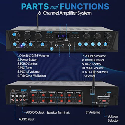 Pyle Bluetooth Home Audio Amplifier - 6 Channel Stereo Receiver Amp, 600 Watt Power, Commercial or Karaoke with Mic Talkover, Headphone Jack, 1/4'' Microphone In, USB SD AUX RCA FM Radio