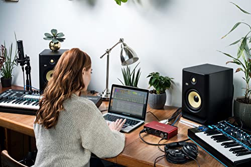 Focusrite Scarlett 4i4 USB-C Audio Interface Studio Bundle with Mackie CR3-X Monitors Condenser Microphone Headphones Boom Stand Pop Filter XLR and TRS Cables and Production Software