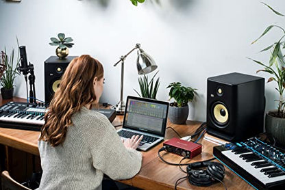 Focusrite Scarlett 4i4 USB-C Audio Interface Studio Bundle with Mackie CR3-X Monitors Condenser Microphone Headphones Boom Stand Pop Filter XLR and TRS Cables and Production Software