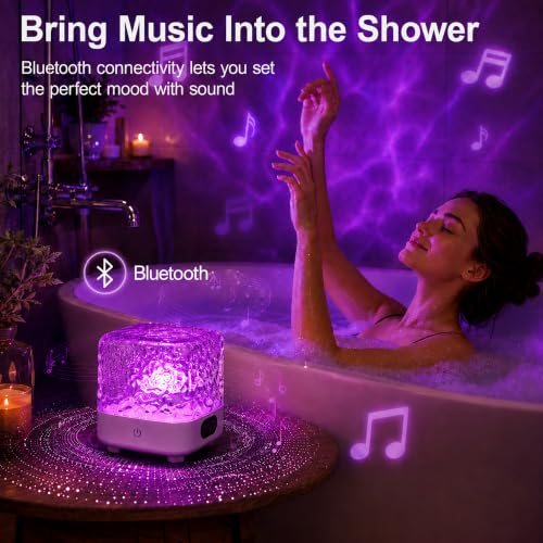 Spa-Like Shower Light, Waterproof LED Shower Lamp with Bluetooth Speaker | 16 Colors Rechargeable Ocean Wave Projector Light with Remote & Touch Control, Mood Light for Inside Shower Bathroom Bathtub