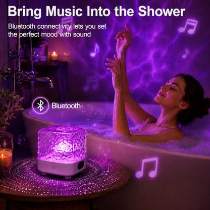 Spa-Like Shower Light, Waterproof LED Shower Lamp with Bluetooth Speaker | 16 Colors Rechargeable Ocean Wave Projector Light with Remote & Touch Control, Mood Light for Inside Shower Bathroom Bathtub