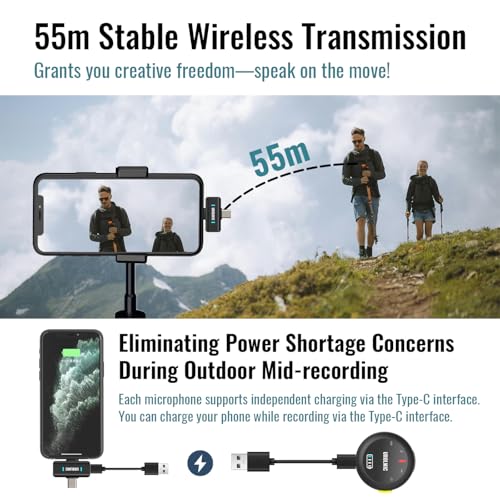 Wireless Lavalier Microphone for iPhone and Android | Leather charging case with integrated charging, 40H battery life, 55M transmission and noise reduction for vlog and streaming