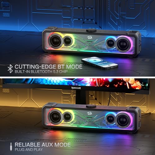 Redragon GS817 RGB Desktop Soundbar, 2.0 Channel Stereo Speakers for Desktop w/Massive 30W Max Power, Touch-Control, Wireless 5.3 & 3.5mm AUX Inputs, Black