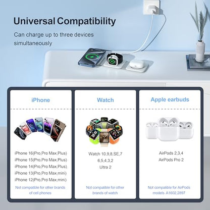 3 in 1 Charging Station for Multple Devices,Foldable 3 in 1 Wireless Charger for Travel,NANO Wireless Charging Station for iPhone17 16 15 14 13 12 Pro Max/Watch 10 9 8 7 6 5 4 3 Ultra/AirPod Pro - color: White