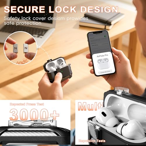 for AirPods Pro 2 Case with Lock Magnetic Lid, Black | Compatible with AirPods Pro 2nd/1st Generation with Carabiner & Cleaning Kit, MagSafe Compatible - color: A-FK-Black, size: Airpoods Pro 1st/2nd Generation