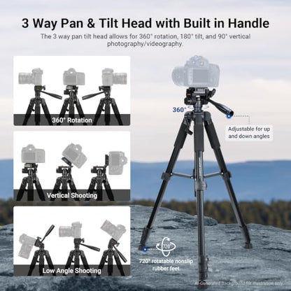 NEEWER Basics TP56 Camera Tripod, 74" Tripod with Cell Phone Holder Mount | Compatible with iPhone for Video Recording, Professional Aluminum Lightweight Portable Travel Stand, 3 Way Pan Tilt Head - style: TP56